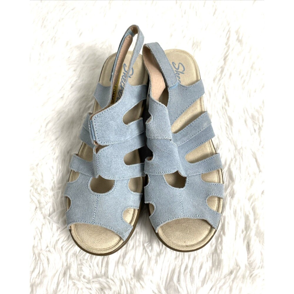 Skechers Memory Foam Womens Wedge Sandals Size 8 Blue Sky Suede Slingback - Picture 8 of 12